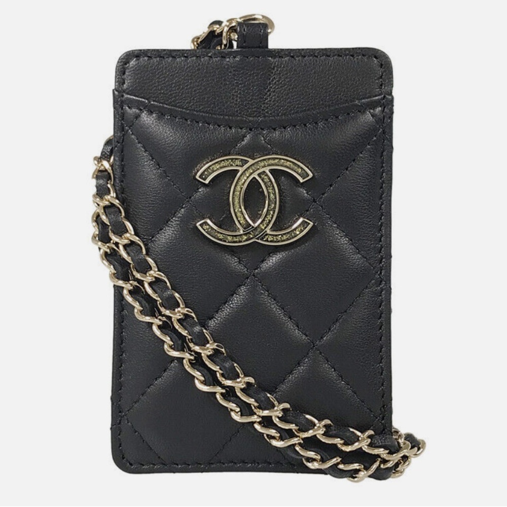 Chanel Black Quilted Card Holder with Chain